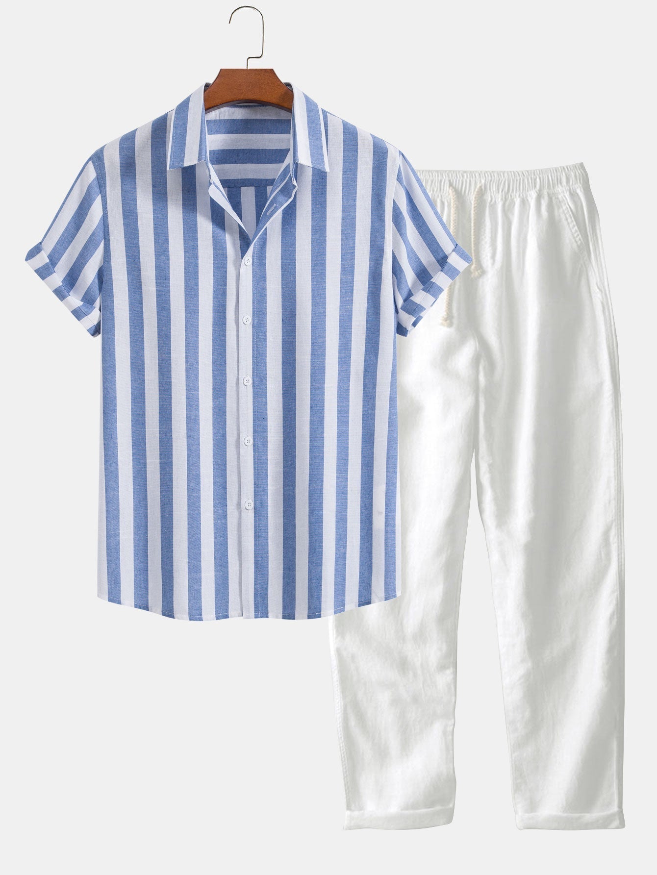 Striped Cotton Blend Button Up Shirt & Straight Leg Linen Pants