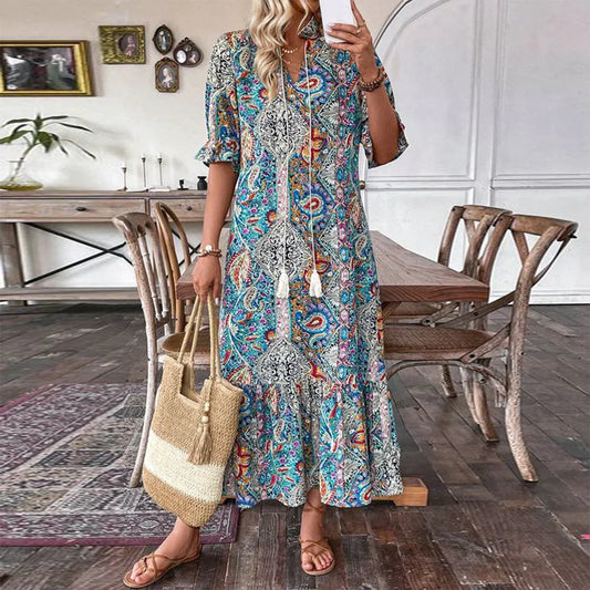 spesiell paisley maxi kjole med korte ermer