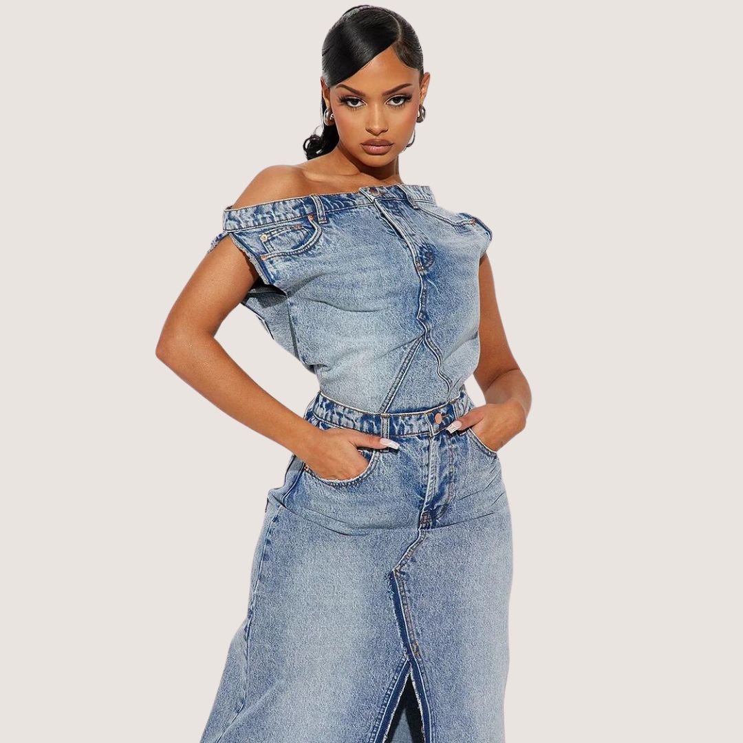 Denim Off Shoulder Ermeløs topp Høy midje lomme Slit Maxi-skjørt Matchende sett