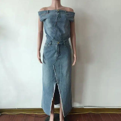 Denim Off Shoulder Ermeløs topp Høy midje lomme Slit Maxi-skjørt Matchende sett