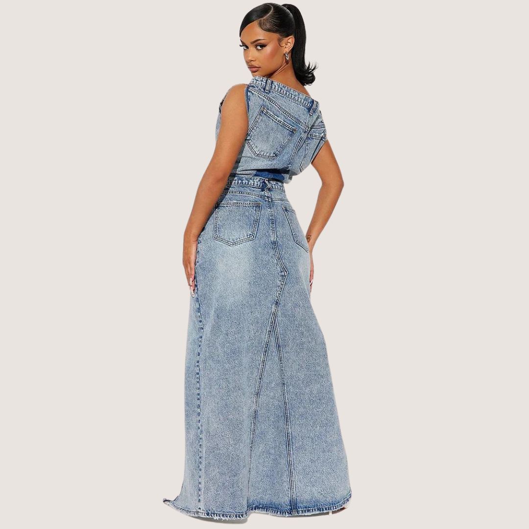 Denim Off Shoulder Ermeløs topp Høy midje lomme Slit Maxi-skjørt Matchende sett