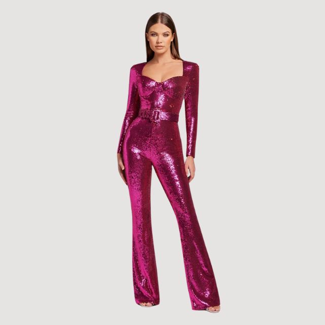 Glitrende jumpsuit med lange ermer og utsvingte ben