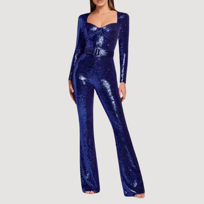 Glitrende jumpsuit med lange ermer og utsvingte ben