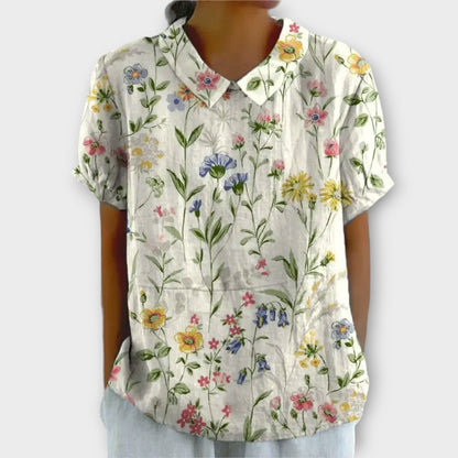 Bluse med blomster i bomull og lin