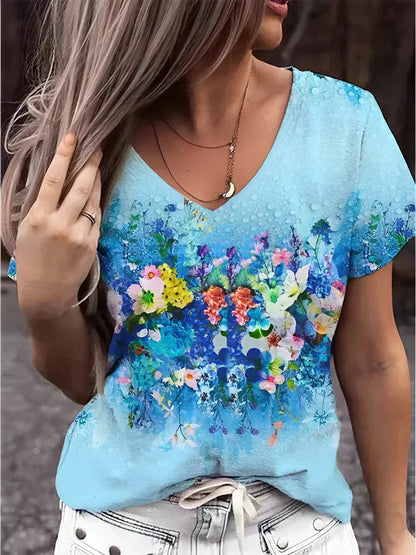 shirt met V-hals bedrukt met bloemkunst