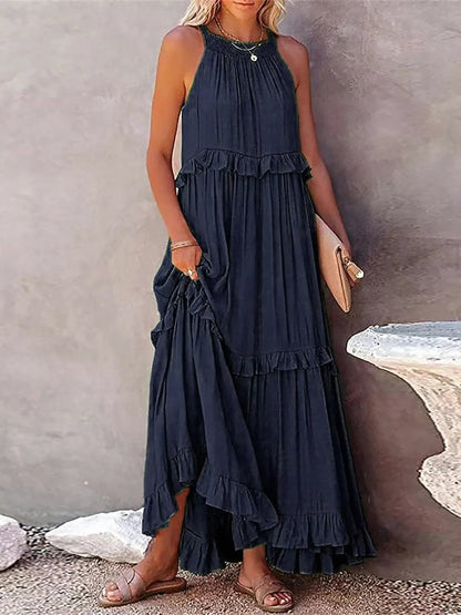 Sunshine Breeze Halter Ruffle Maxi Kjole