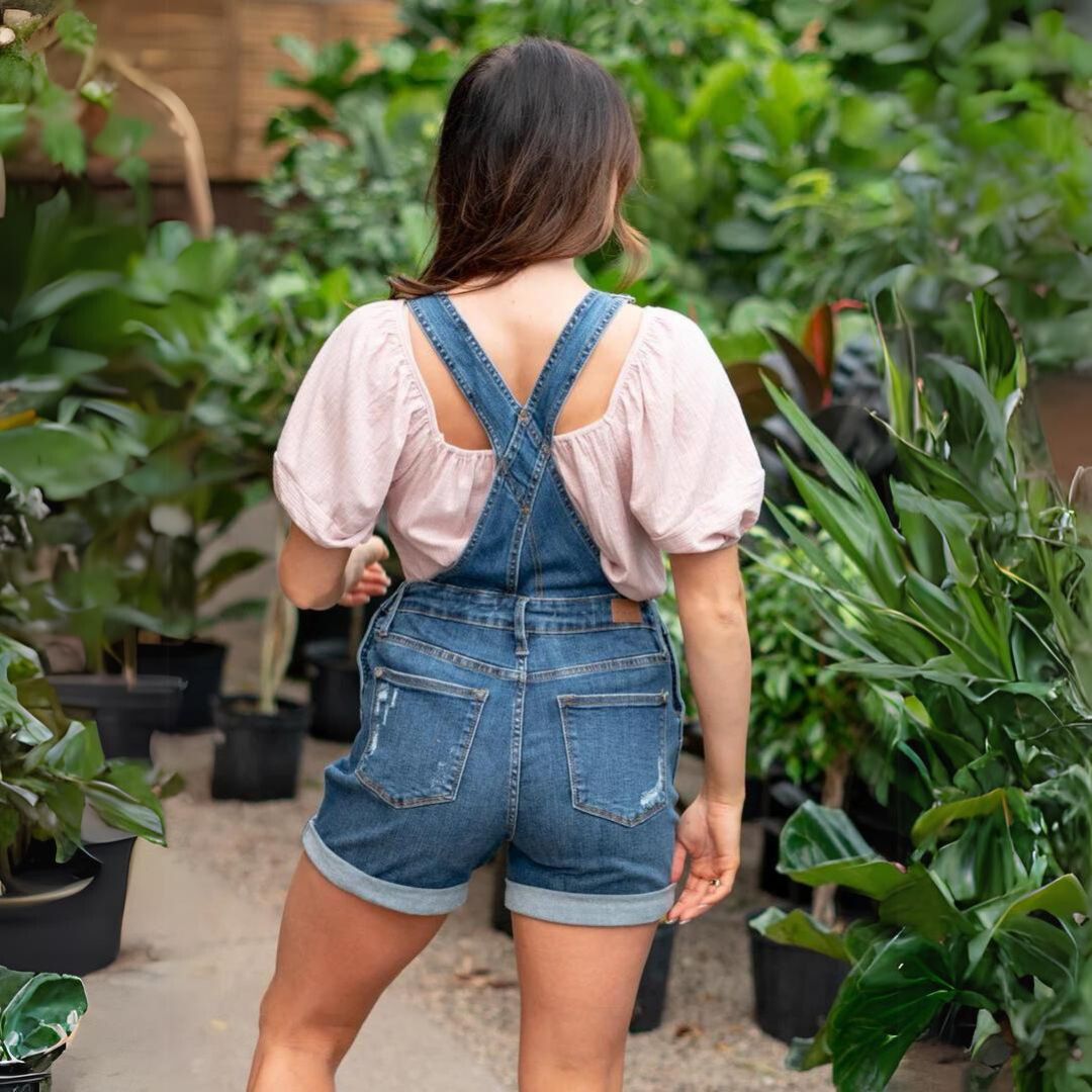 denim jumpsuit med høy midje shorts