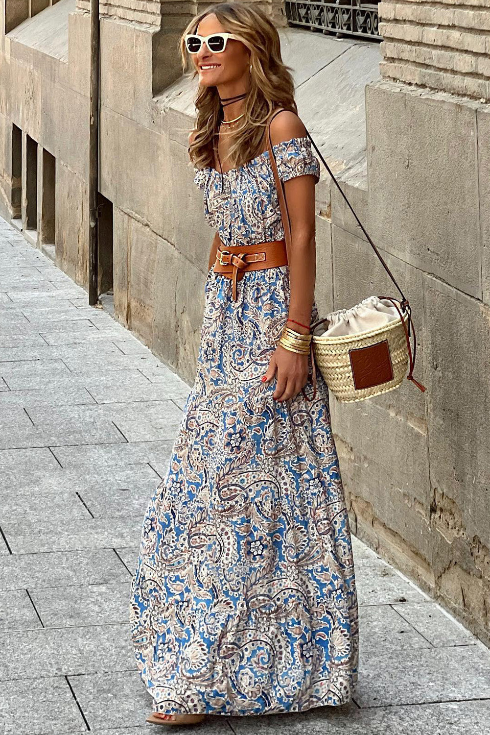 Boho Paisley Off Shoulder Maxi-kjole