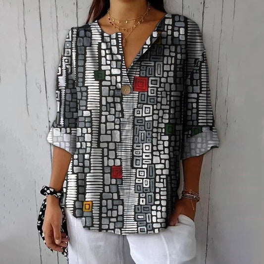 Vintage Bluse Med Geometrisk Trykk