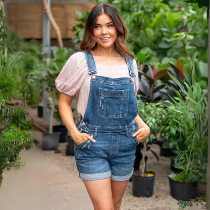 denim jumpsuit med høy midje shorts