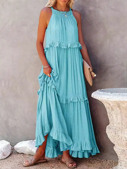 Sunshine Breeze Halter Ruffle Maxi Kjole