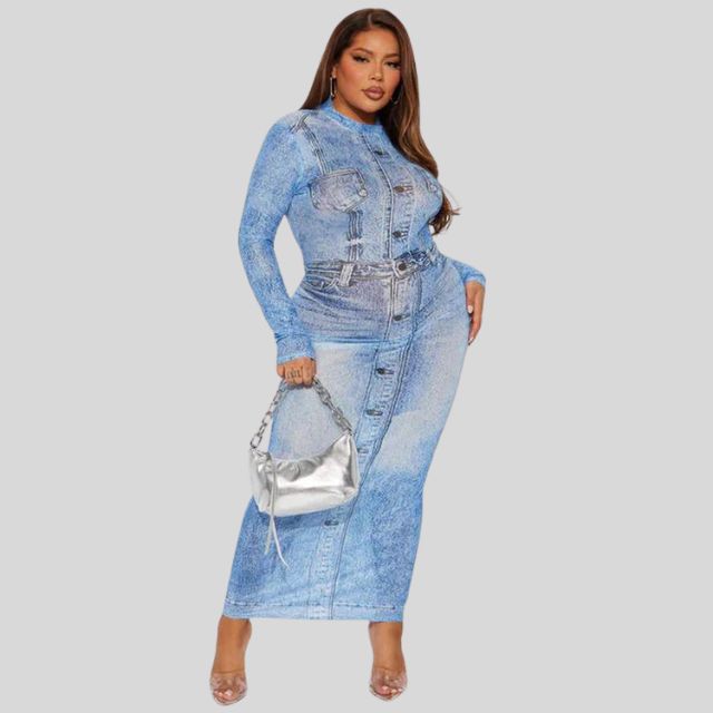 denim maxi kjole med høy krage