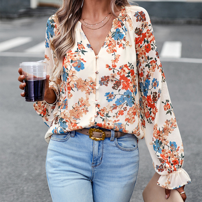 Bluse med lange ermer med blomster