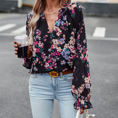 Bluse med lange ermer med blomster