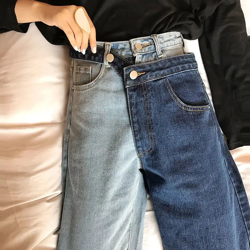 Straight jeans med høy midje og kontrastfarget skjøt