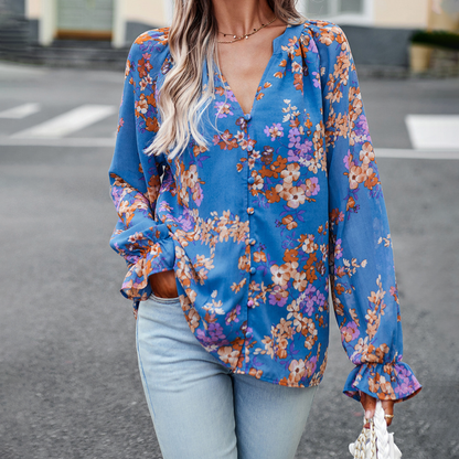 Bluse med lange ermer med blomster