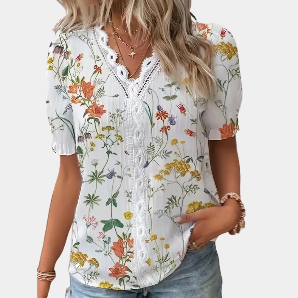 Blomstret damebluse med blondekant