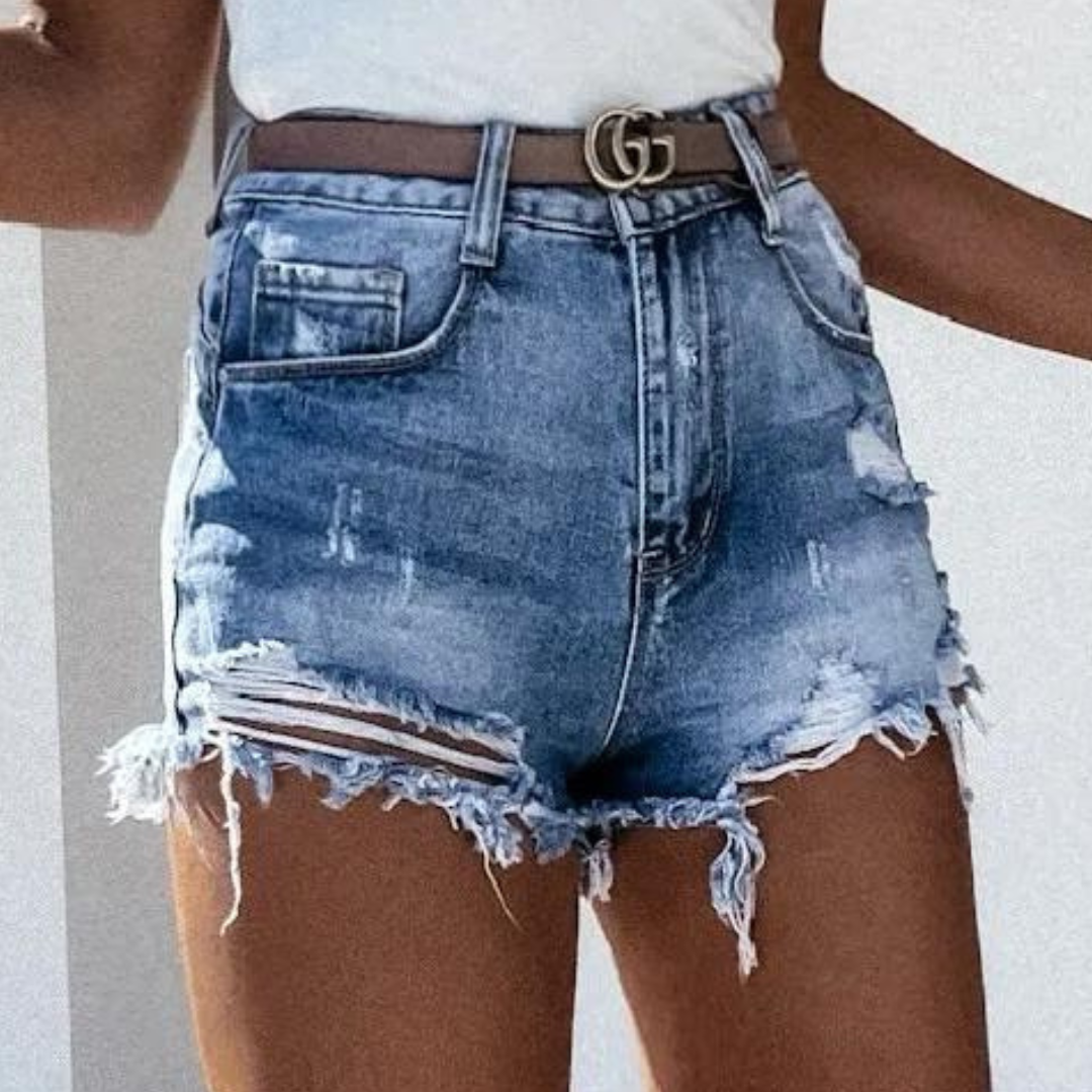 Høy Midje Rivet Jeansshorts med Trendy Frynser