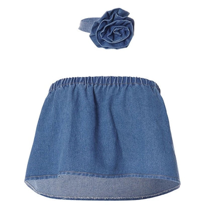 Bandeau topp i denim med blomstret choker