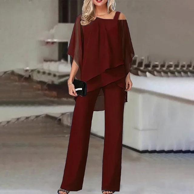 Uformelt chiffon off-shoulder sett med rynkede, uregelmessige topper