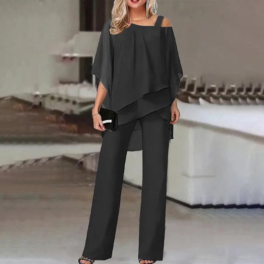 Uformelt chiffon off-shoulder sett med rynkede, uregelmessige topper