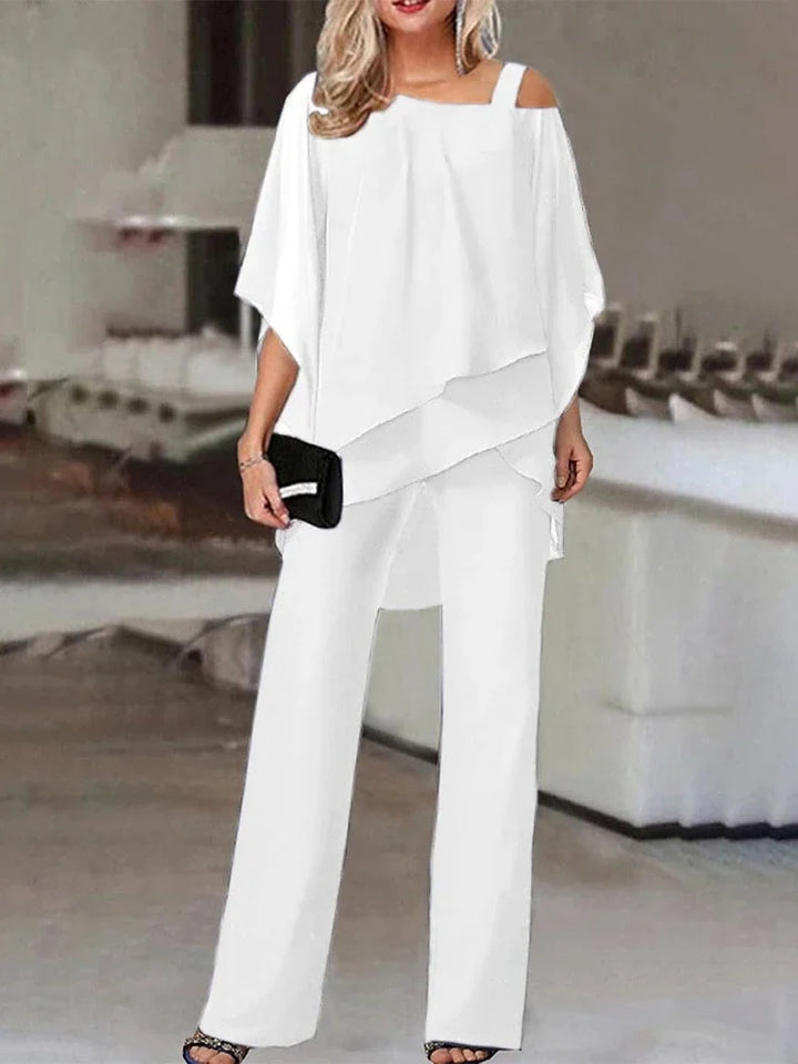 Uformelt chiffon off-shoulder sett med rynkede, uregelmessige topper