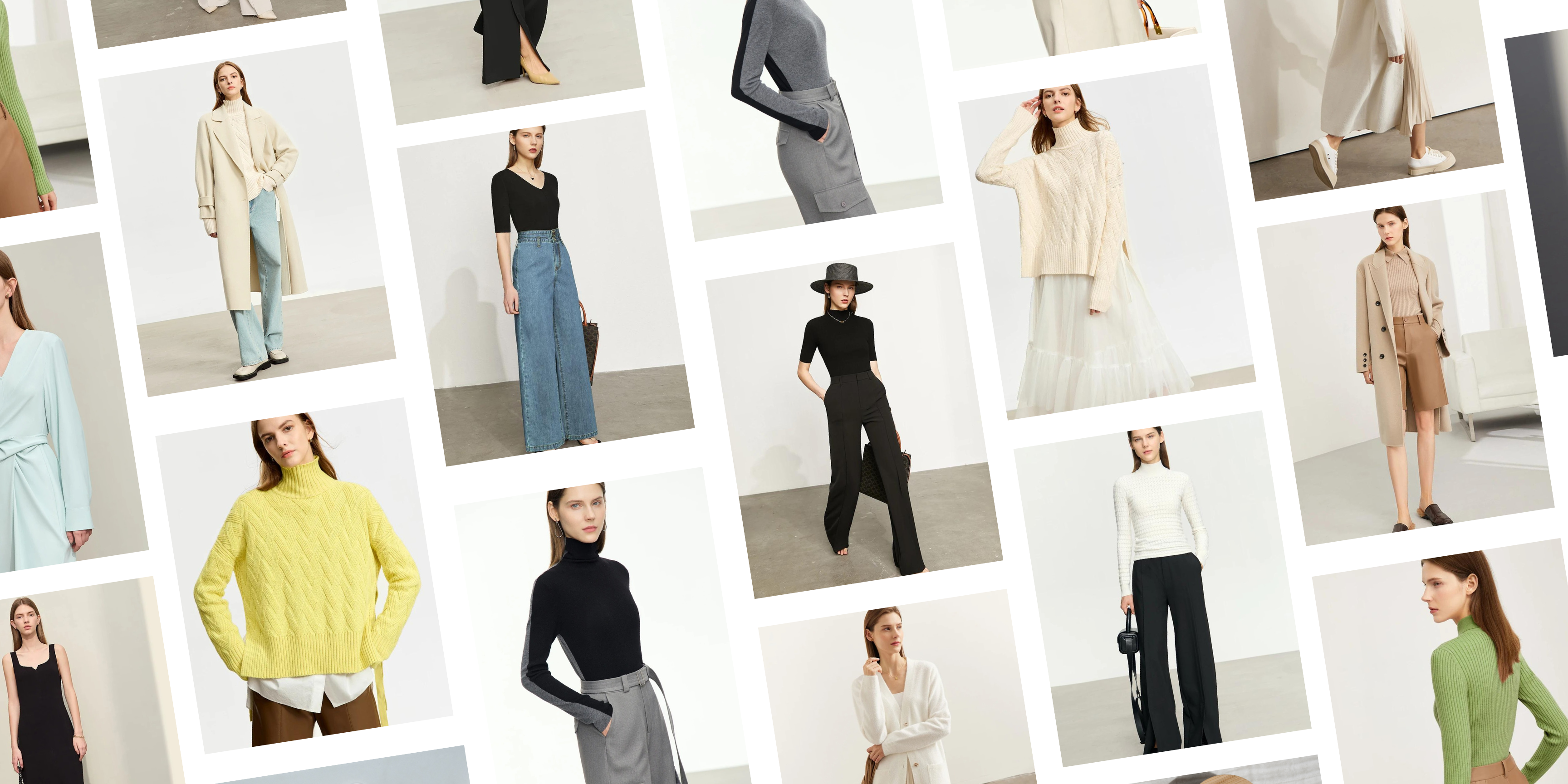 A banner with photos of different women wearing chic and sophisticated clothing from the store.