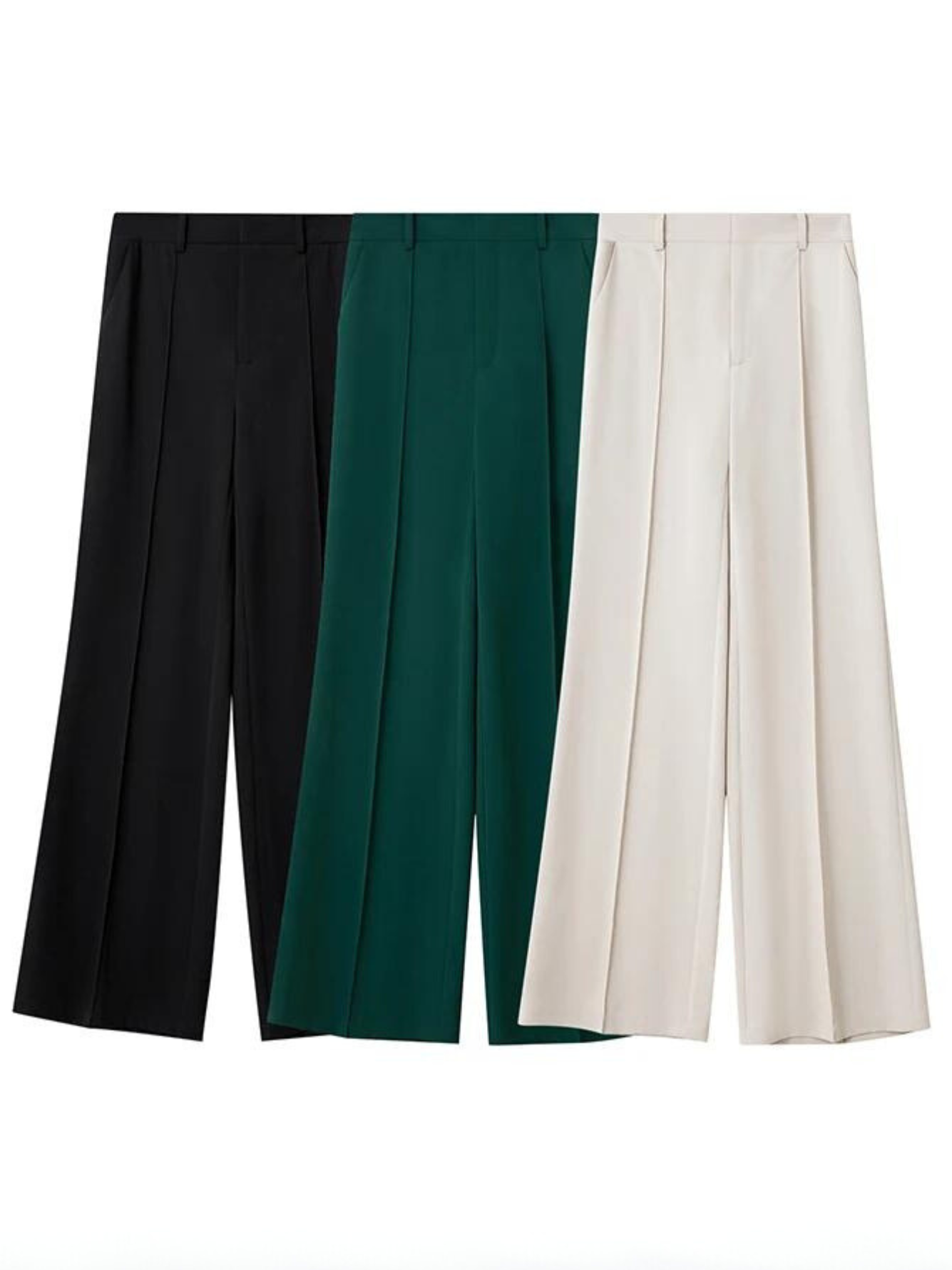 Three pairs of tailored, pleated, high waisted, floor length pants with slits at the hem in black, green, and white respectively.