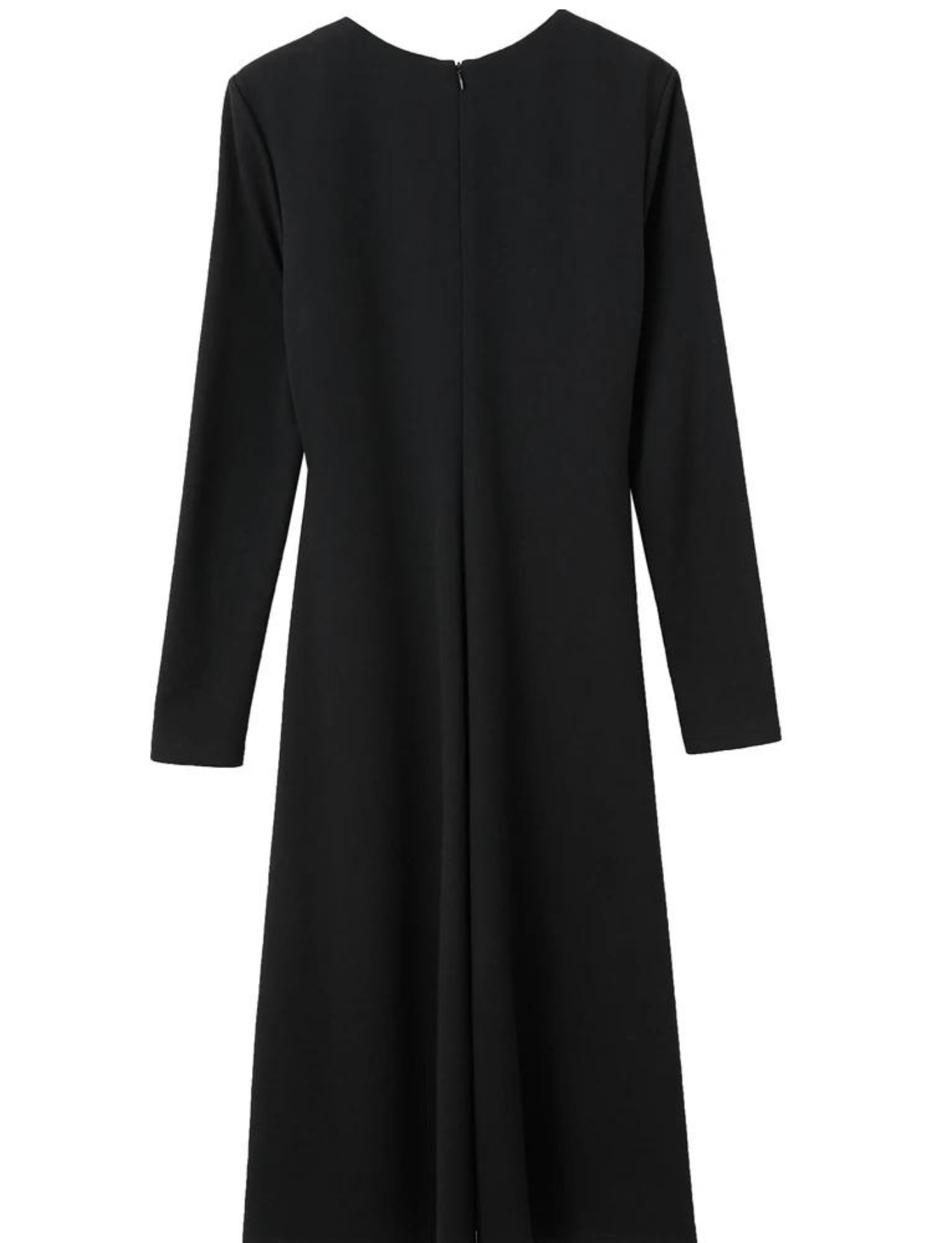 The back side of a black, long sleeved, mid-calf length, form fitting dress.