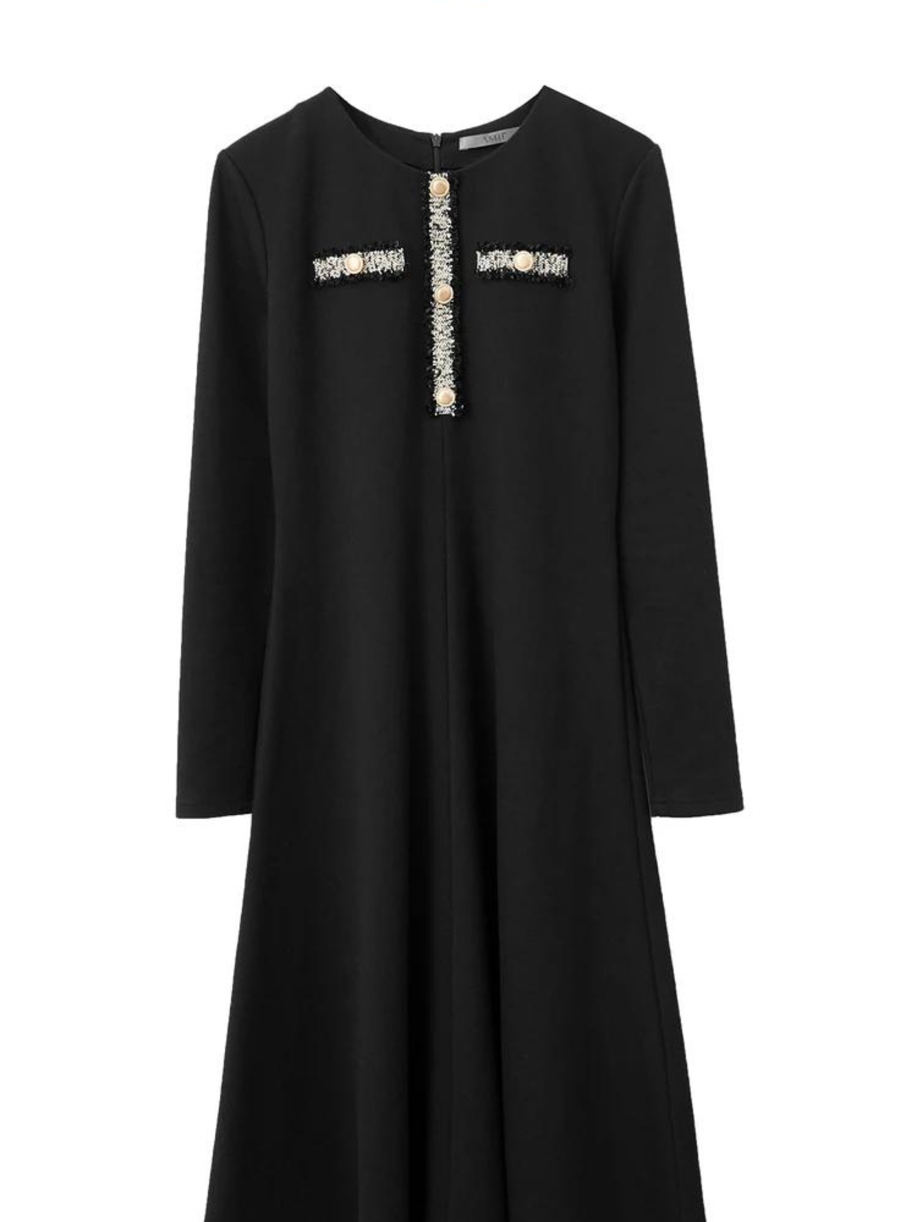 A black, long sleeve, mid-calf lenth dress with embroidery details and gold buttons on the chest.