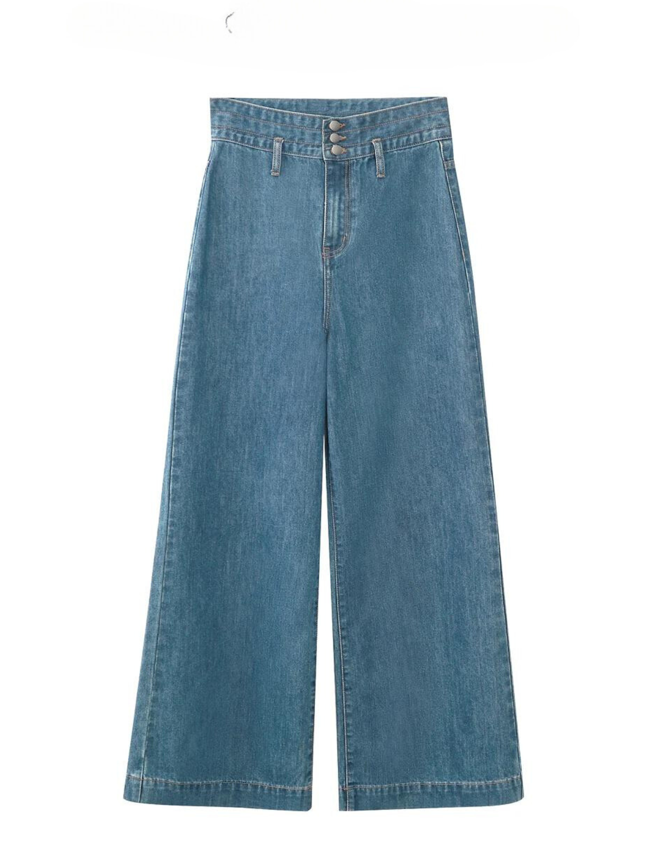 The front side of a pair of high waisted, wide leg, denim jeans against a plain white background.