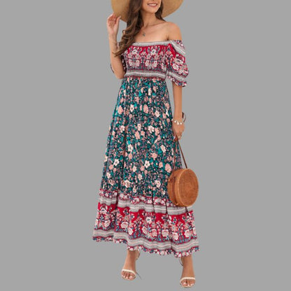 Boho maxikjole med blomstermønster og off-the-shoulder-snitt