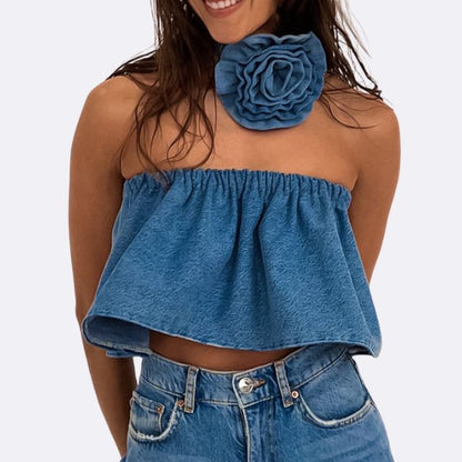 Bandeau topp i denim med blomstret choker