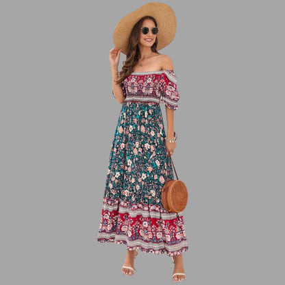 Boho maxikjole med blomstermønster og off-the-shoulder-snitt