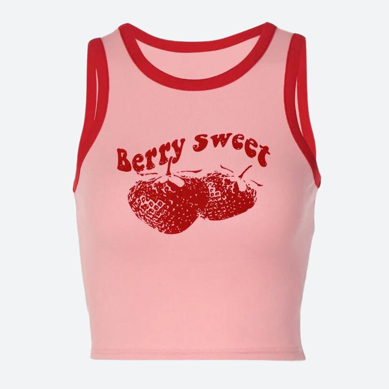 Berry Sweet grafisk crop topp med kontrastfarget kant