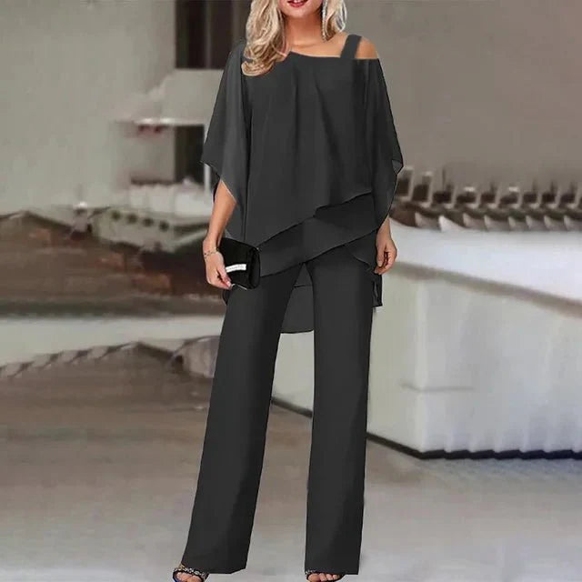 Todelt Sett: Bluse med Off-the-Shoulder og Bukser med Høy Midje