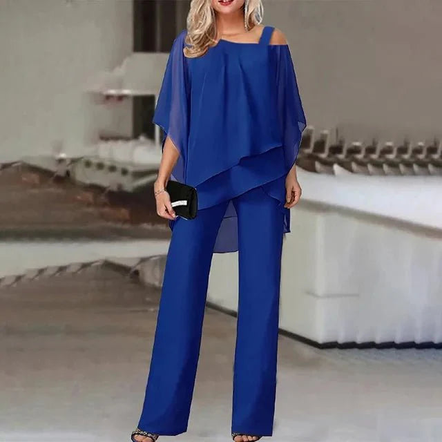 Todelt Sett: Bluse med Off-the-Shoulder og Bukser med Høy Midje